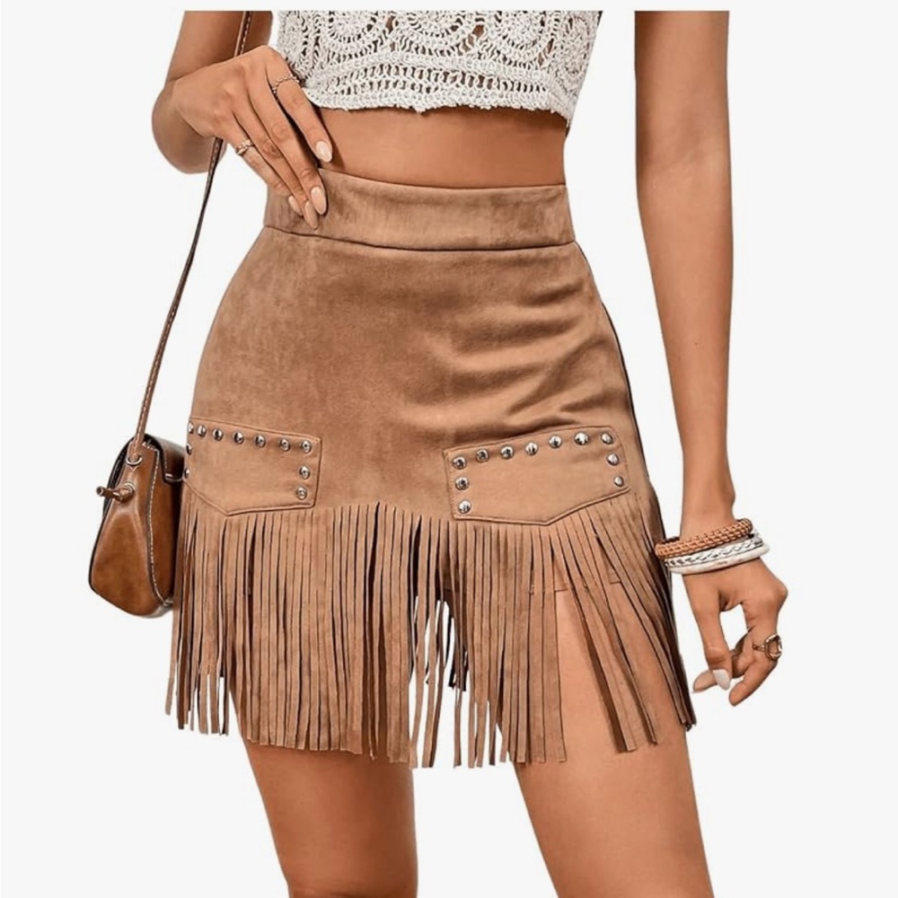 SHEIN Women's Faux Suede Fringe Camel shorts/Skirt
